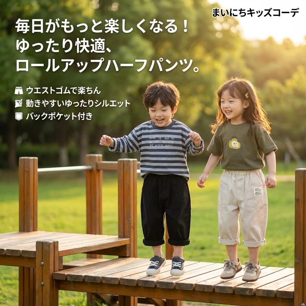 キッズファッション ゆったり快適ロールアップハーフパンツ - 商品イメージ