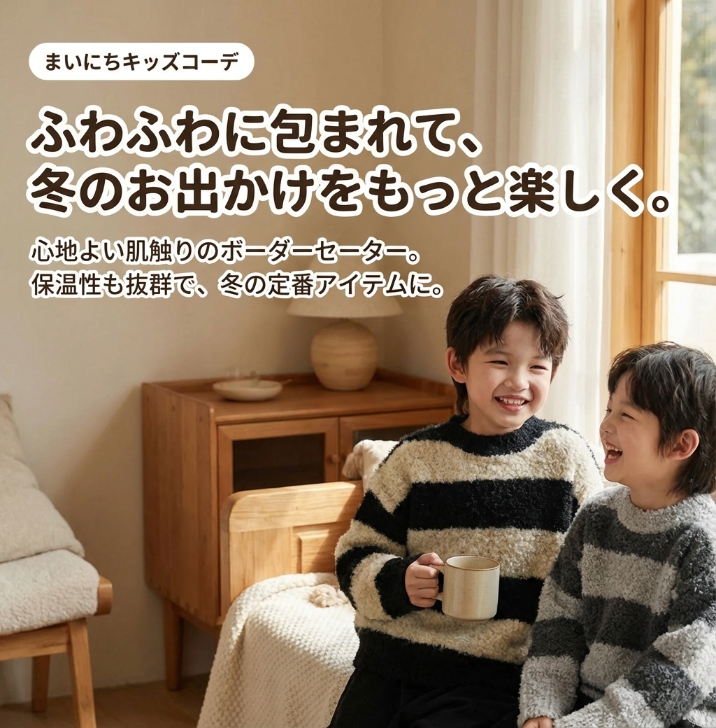 キッズファッション ふわふわボーダー柄長袖セーター - 商品イメージ