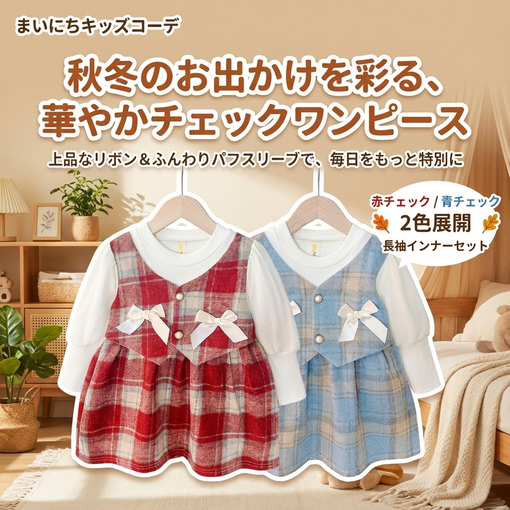 キッズファッション 格子柄ジャンパースカート風リボンワンピース - 商品イメージ