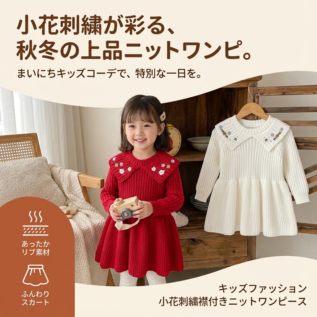 キッズファッション 小花刺繍襟付きニットワンピース - 商品イメージ