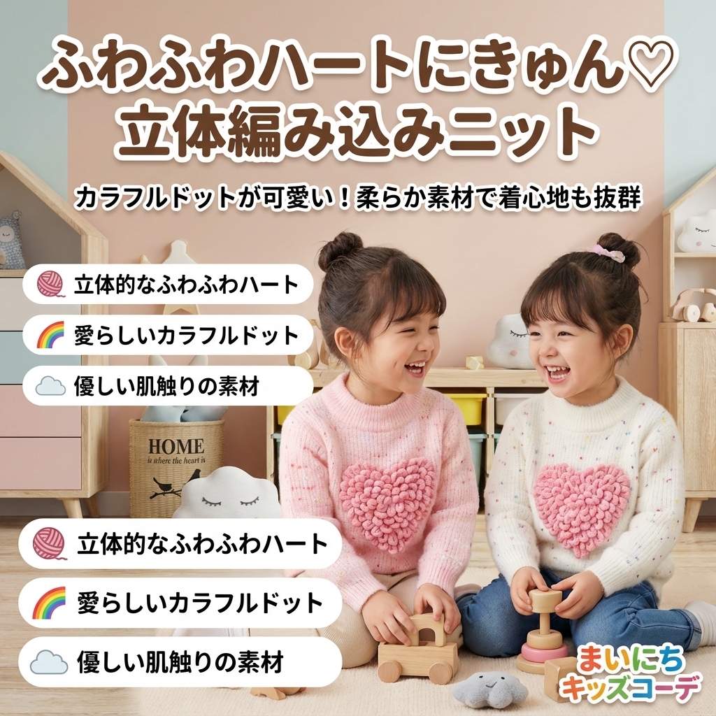 キッズファッション ふわふわハート立体編み込み長袖セーター - 商品イメージ