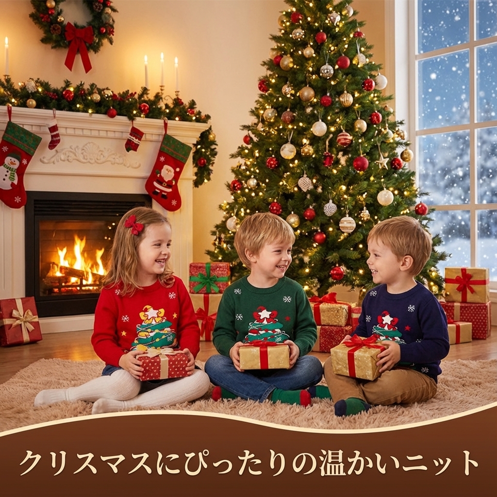 キッズファッション 聖夜樹と雪結晶刺繍の温かセーター - 商品イメージ