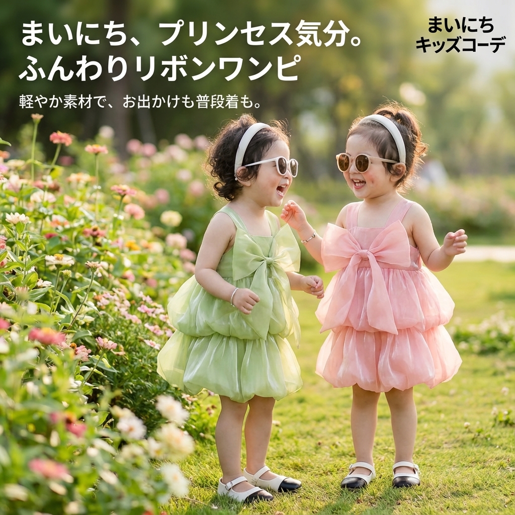 キッズファッション ふんわりリボン付き層重ねワンピース - 商品イメージ