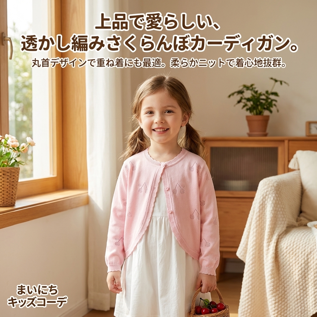 キッズファッション さくらんぼ模様の透かし編み丸首カーディガン - デザインのポイント