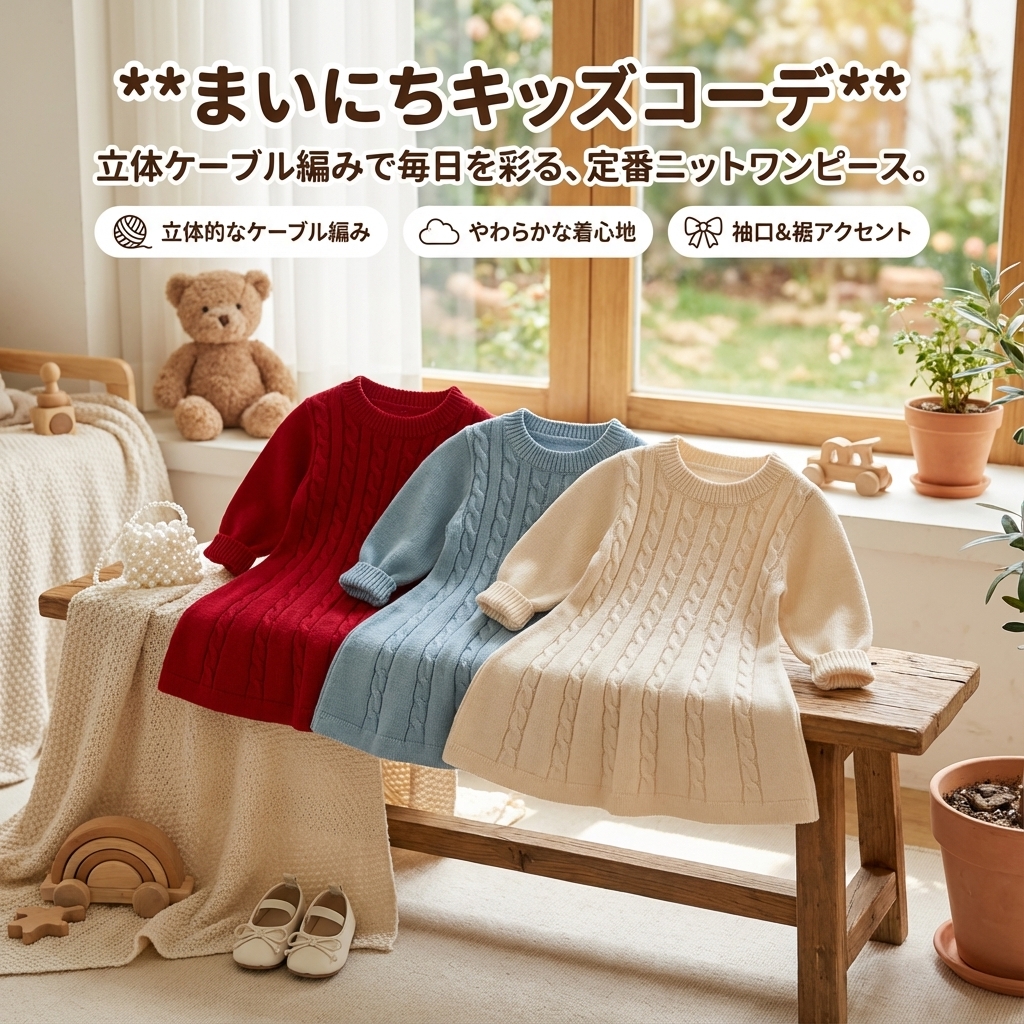 キッズファッション ケーブル編み長袖ニットワンピース - 商品イメージ