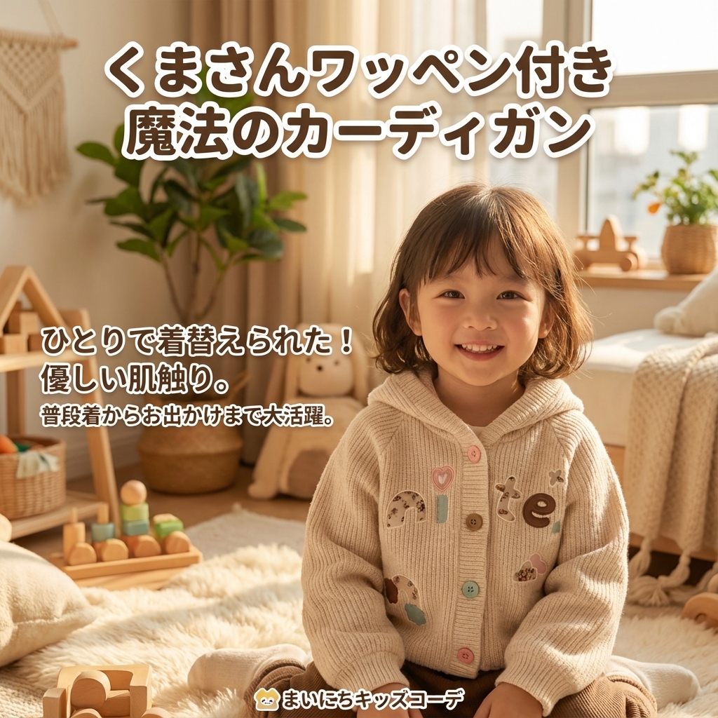 キッズファッション くまさんワッペン付きリブ編み羽織りカーディガン - 商品イメージ