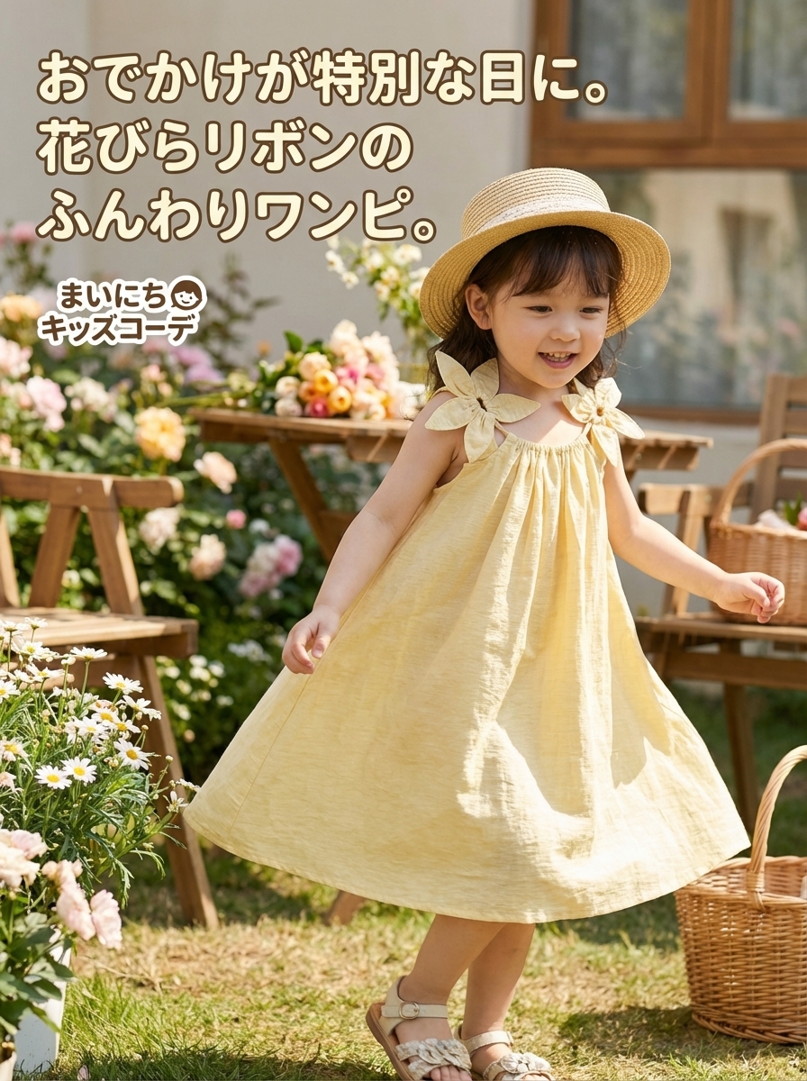 キッズファッション 花びらリボン付きキャミソールワンピース - 商品イメージ