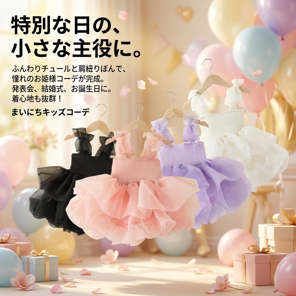 キッズファッション ふんわりチュール肩紐りぼん華やかお姫様ドレス - 商品イメージ