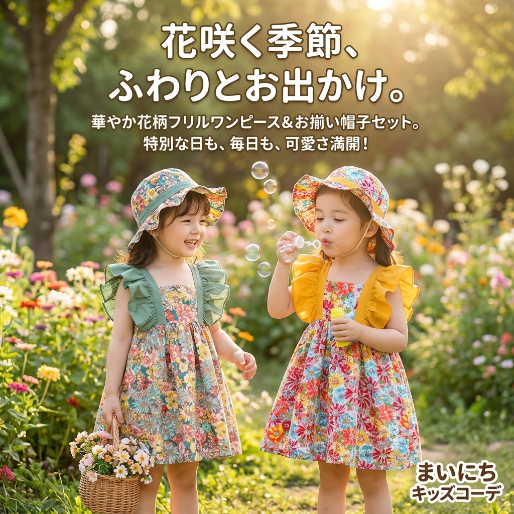 キッズファッション 花柄フリル袖ワンピース帽子セット - 商品イメージ