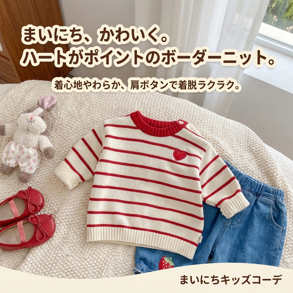 キッズファッション ハート刺繍ボーダー長袖ニットセーター - 商品イメージ