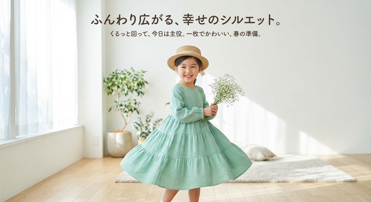 キッズファッション ふんわり段々ティアード長袖ワンピース - デザインのこだわり