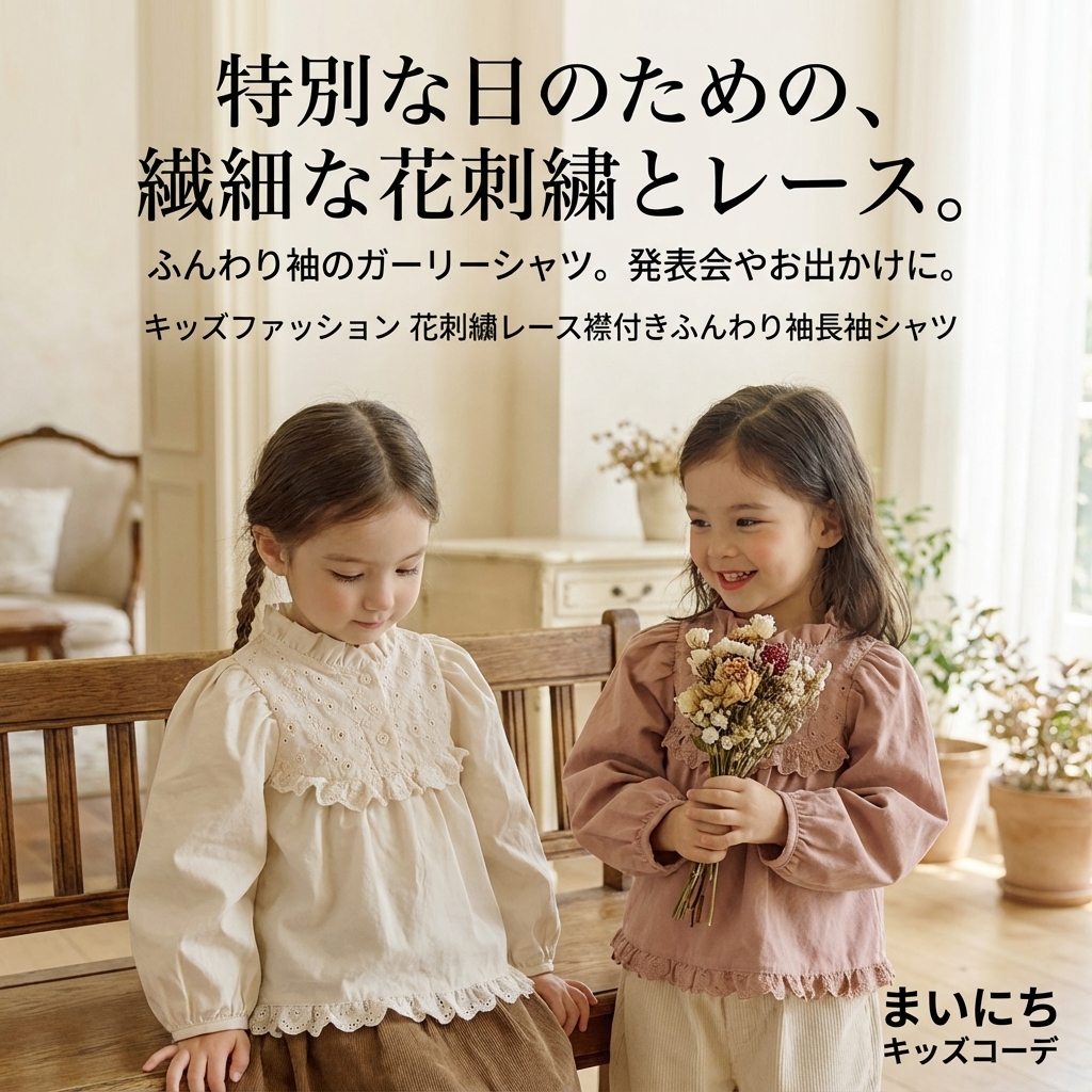 キッズファッション 花刺繍レース襟付きふんわり袖長袖シャツ - 商品イメージ