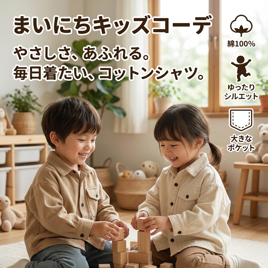 キッズファッション ナチュラルコットン胸ポケット付き長袖シャツ - 商品イメージ