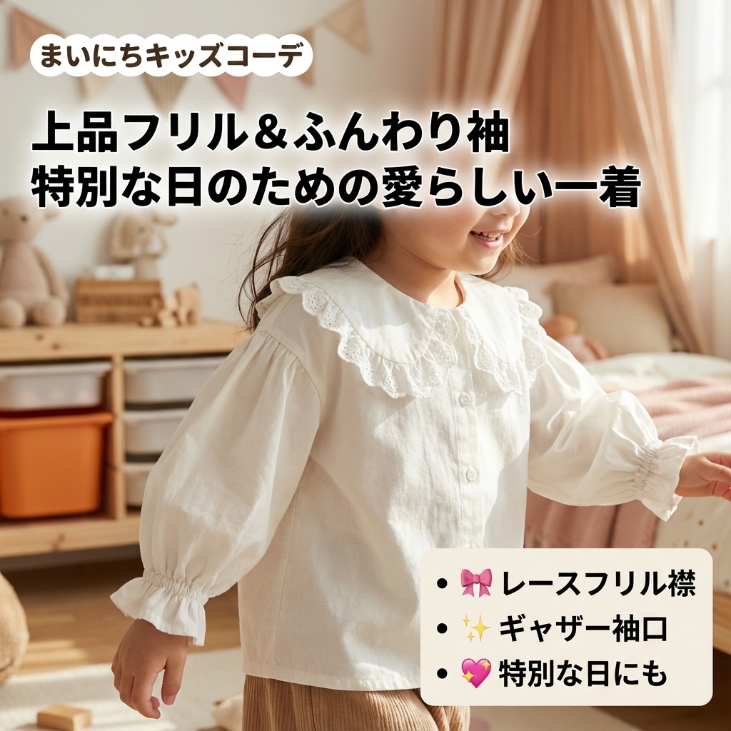 キッズファッション 襟元フリル付きふんわり袖の長袖シャツ - 商品イメージ