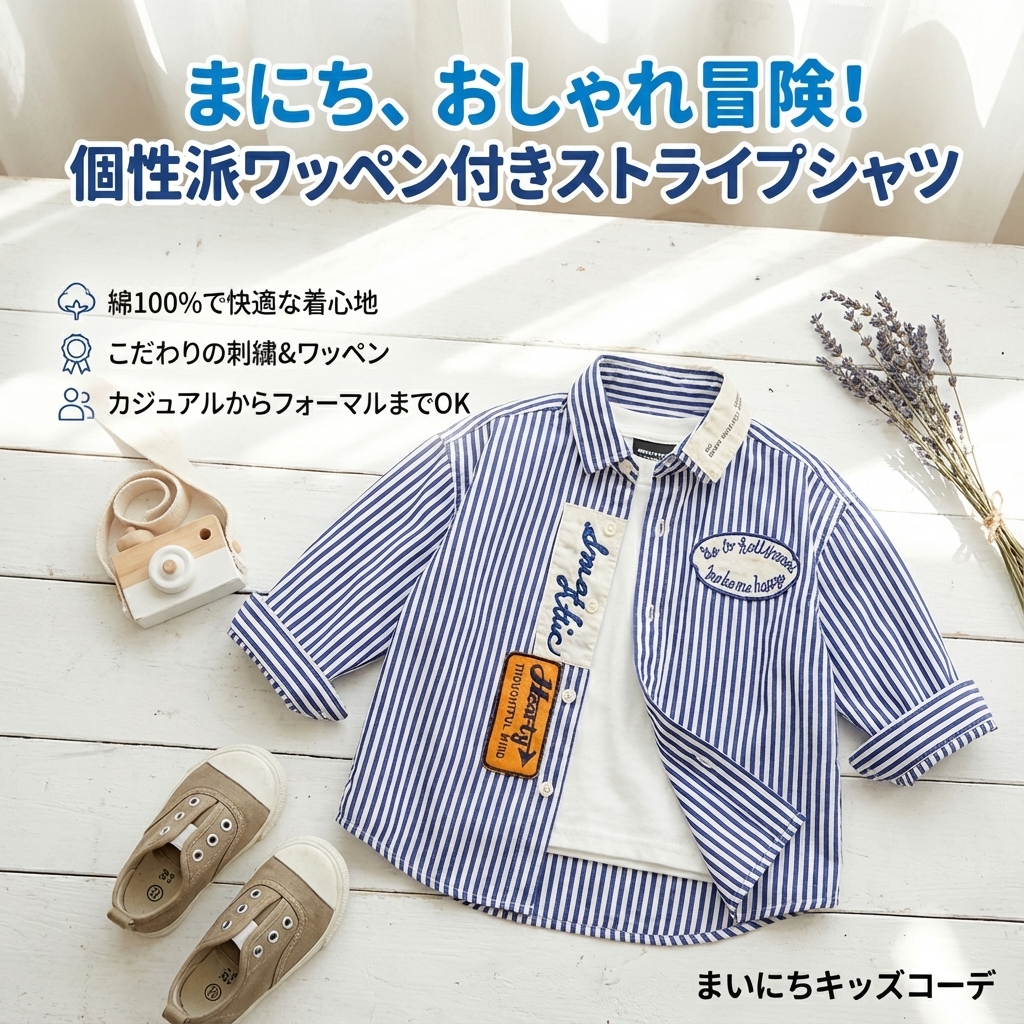 キッズファッション 縦縞刺繍ワッペン付き長袖シャツ - 商品イメージ