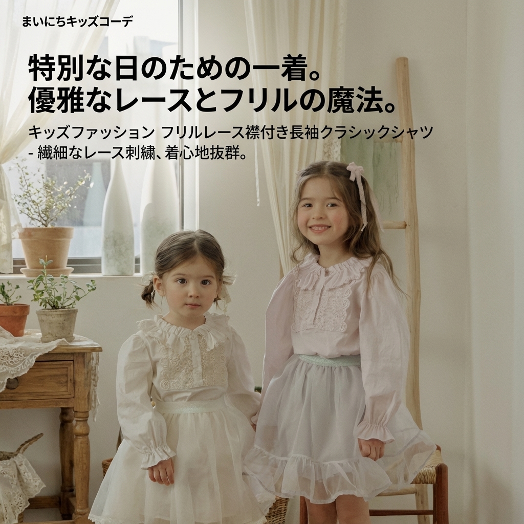 キッズファッション フリルレース襟付き長袖クラシックシャツ - 商品イメージ