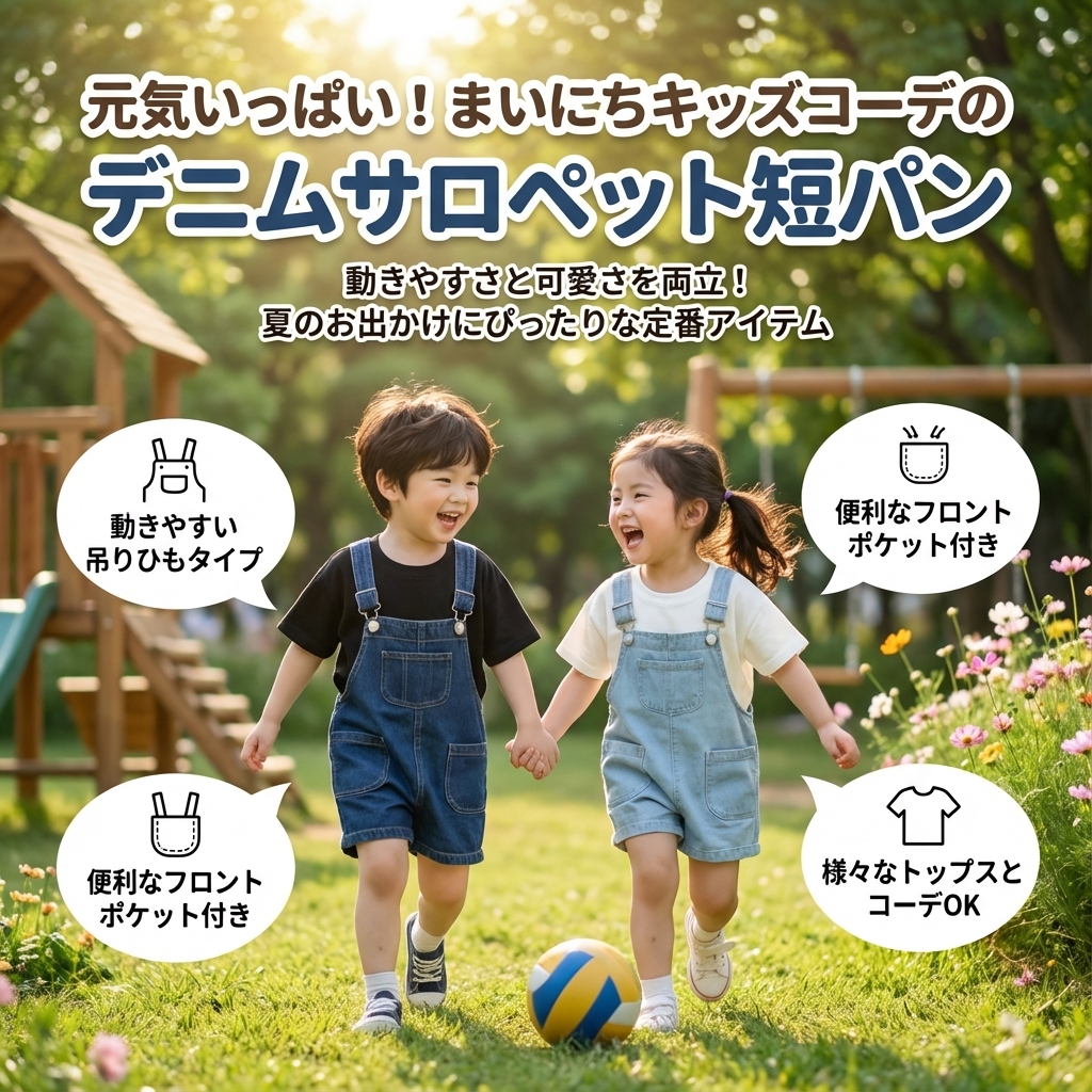 キッズファッション 子供用吊りひも付きデニム短パン - 商品イメージ