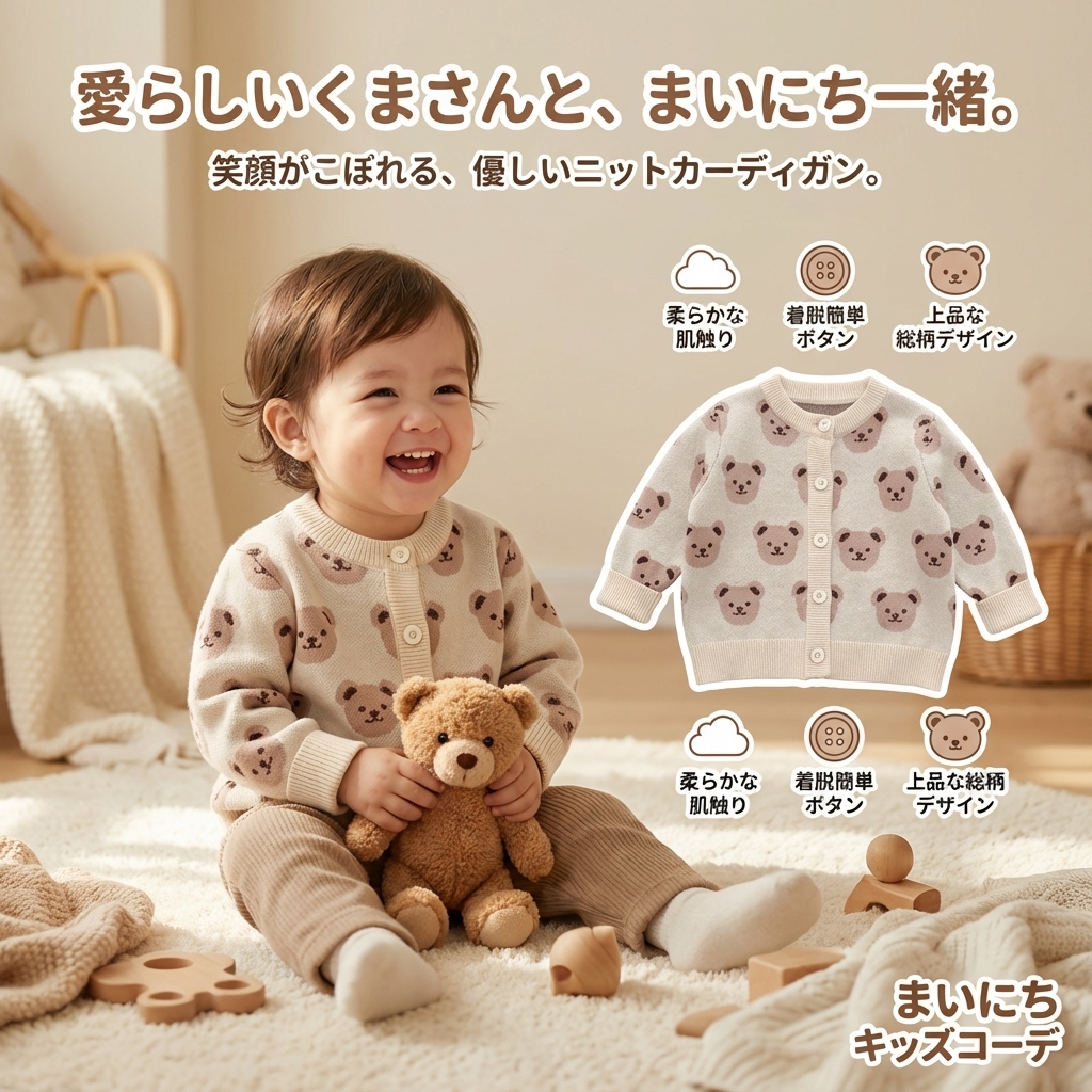 キッズファッション 愛らしいくま顔総柄カーディガン - 商品イメージ