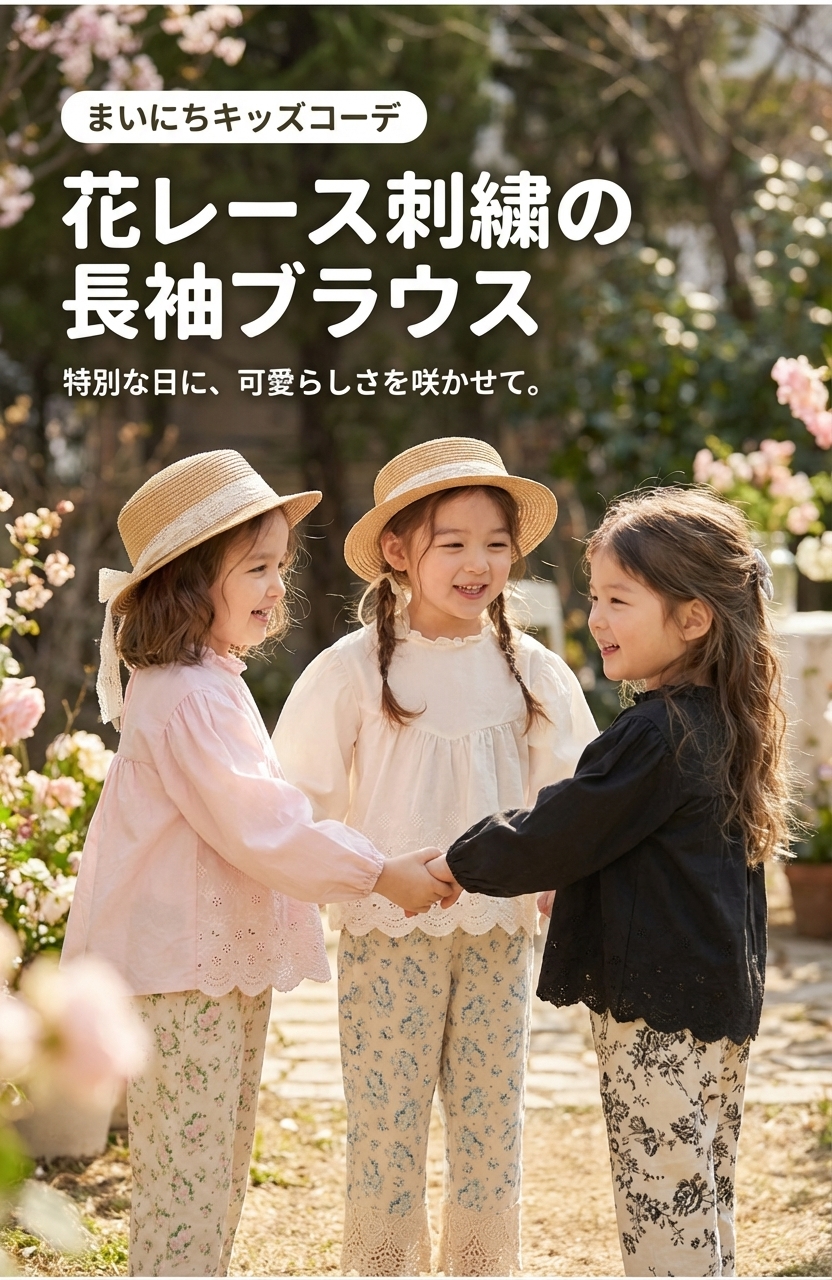 キッズファッション 花レース刺繍の長袖ブラウス - 商品イメージ