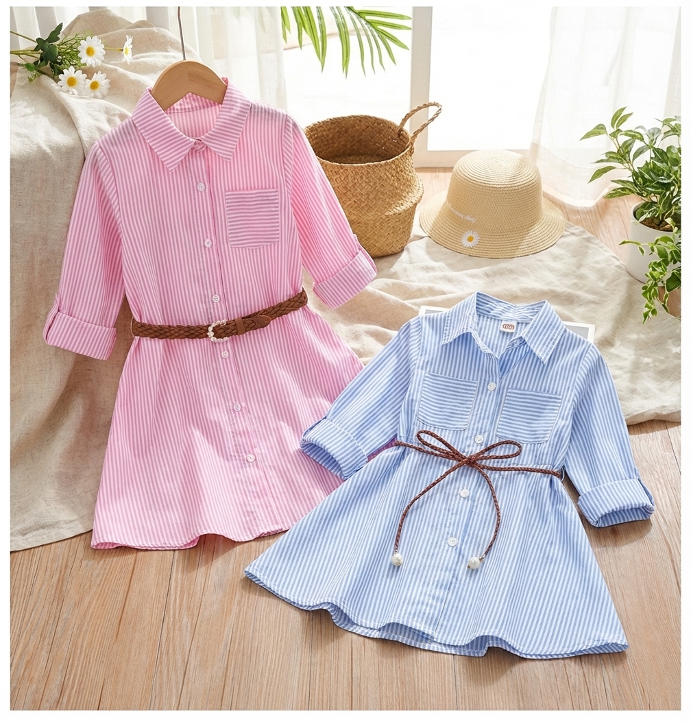 キッズファッション ストライプ柄シャツワンピース 編み上げベルト付き - 商品イメージ