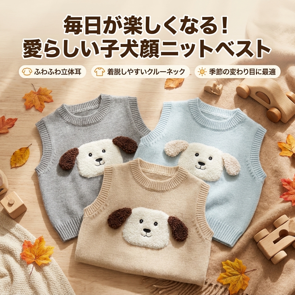 キッズファッション 愛らしい子犬顔ワンポイント袖なしニットベスト - 商品イメージ
