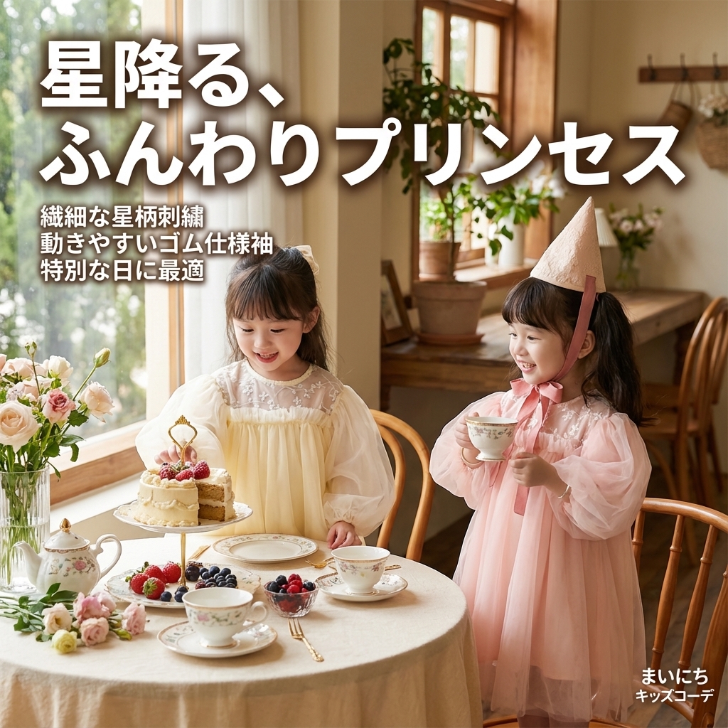 キッズファッション 星柄刺繍ふんわりチュール長袖ワンピース - 商品イメージ