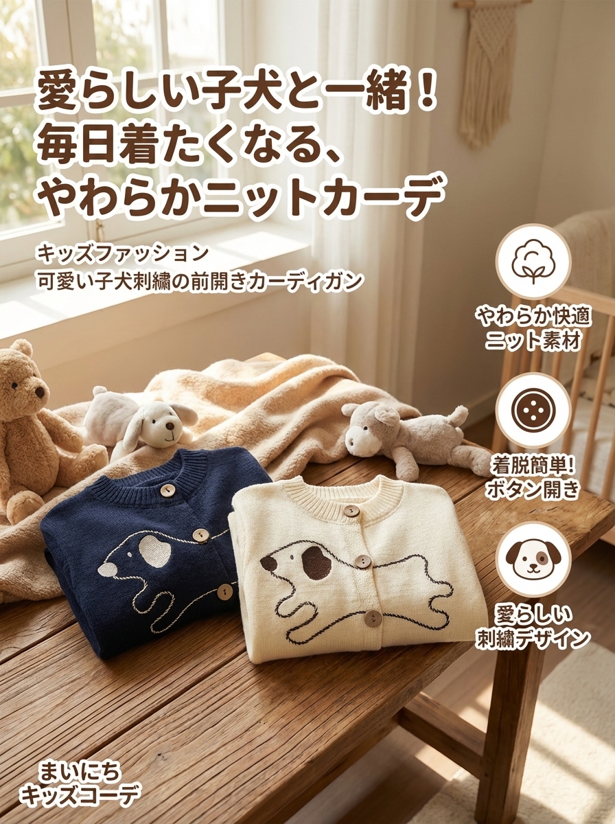 キッズファッション 可愛い子犬刺繍の前開きカーディガン - 商品イメージ