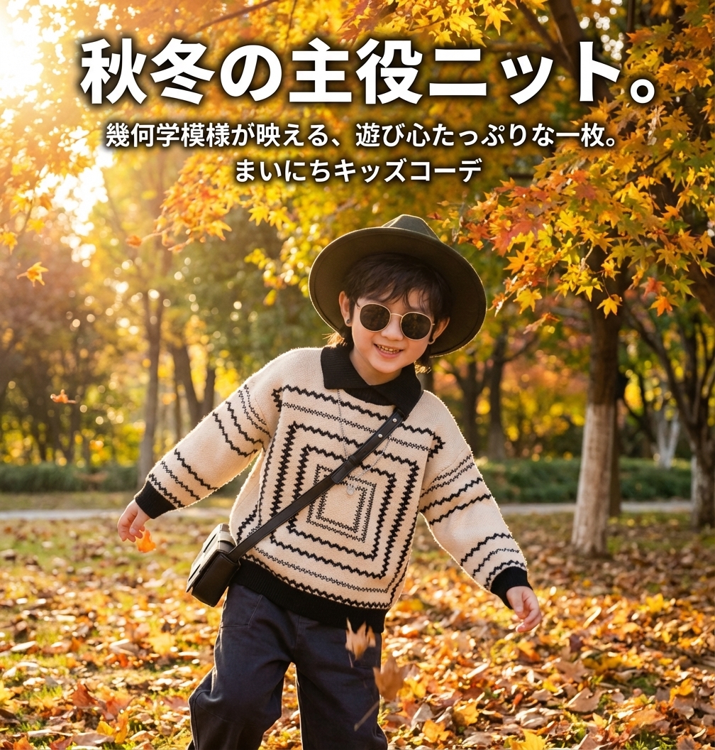 キッズファッション 幾何学模様編み込み長袖セーター - 商品イメージ