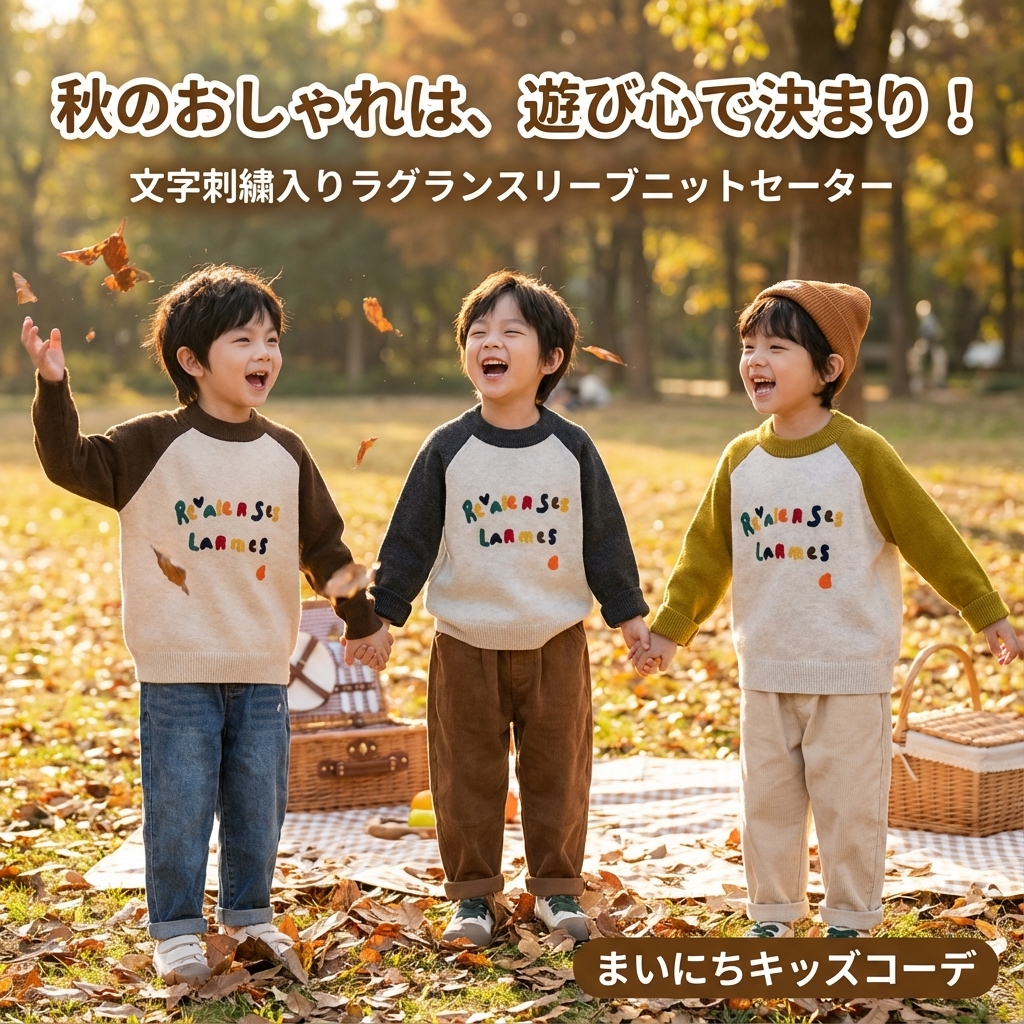 キッズファッション 文字刺繍入りラグランスリーブニットセーター - 商品イメージ