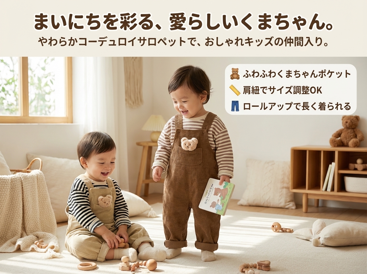 キッズファッション くまちゃんワッペン付きコーデュロイサロペット - 商品イメージ