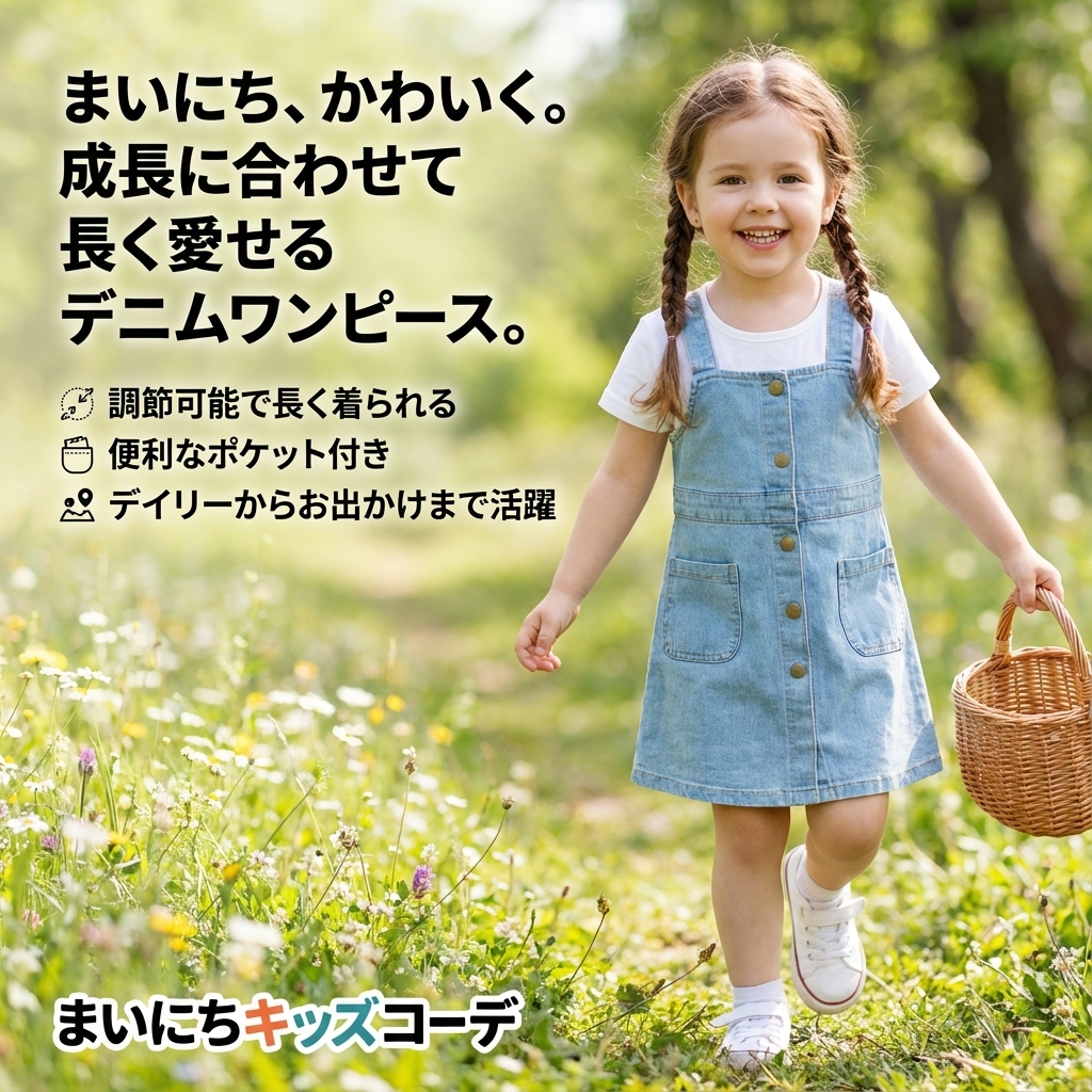 キッズファッション 女の子用調節可能肩紐付きデニム風ジャンパースカート - 商品イメージ