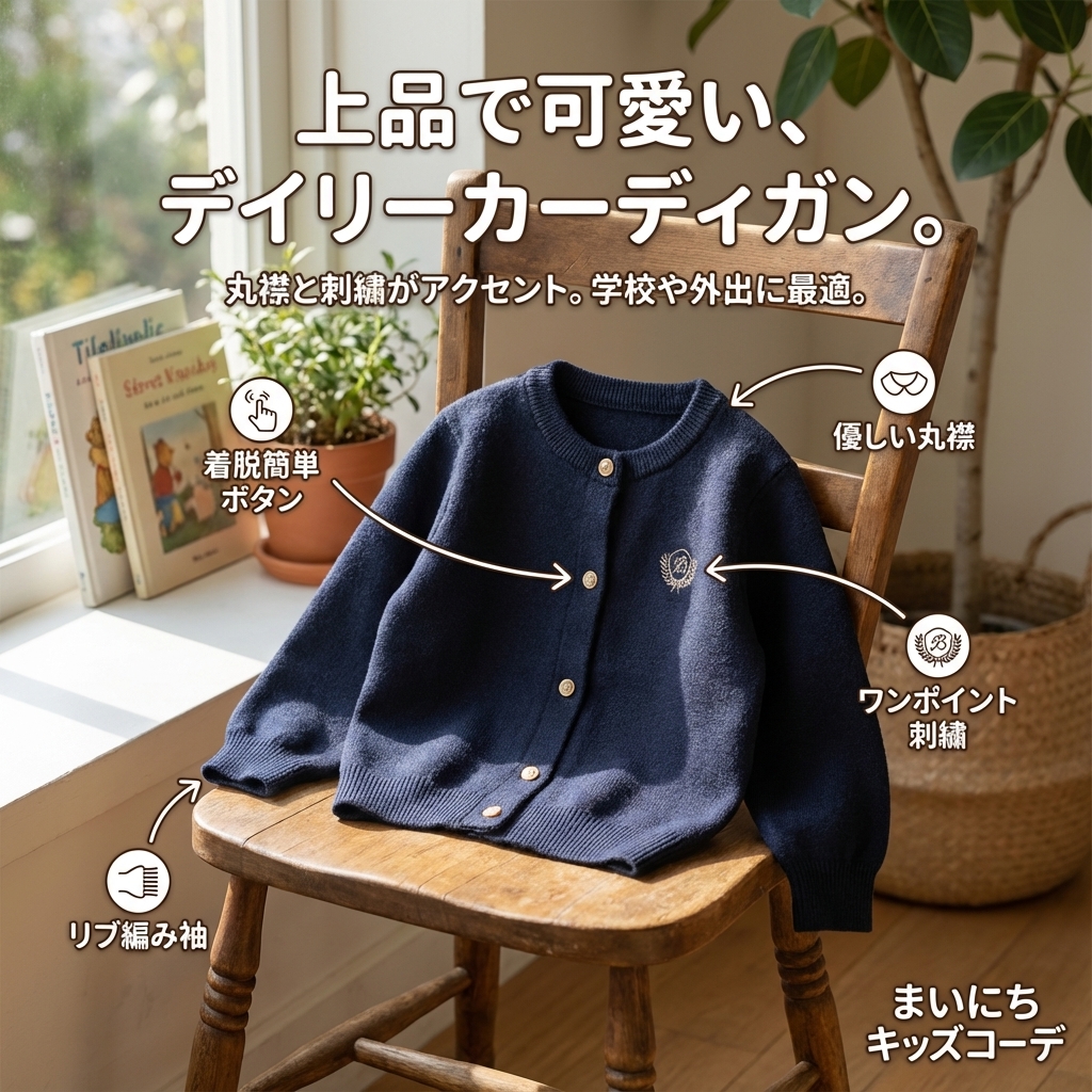 キッズファッション 上品な刺繍入り丸襟ボタンニットカーディガン - 商品イメージ