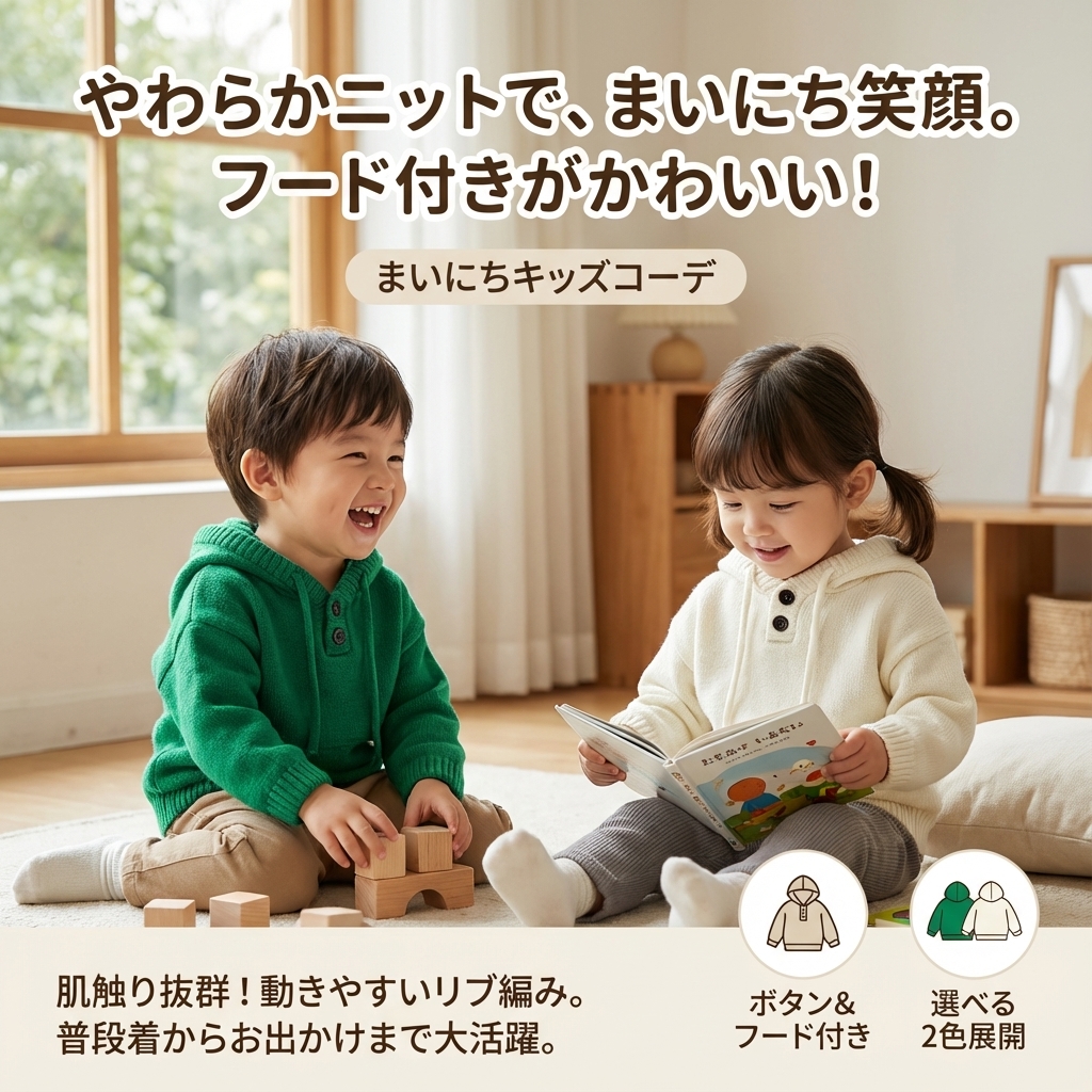 キッズファッション 子供用ボタン付きフード編み上着 - 商品イメージ