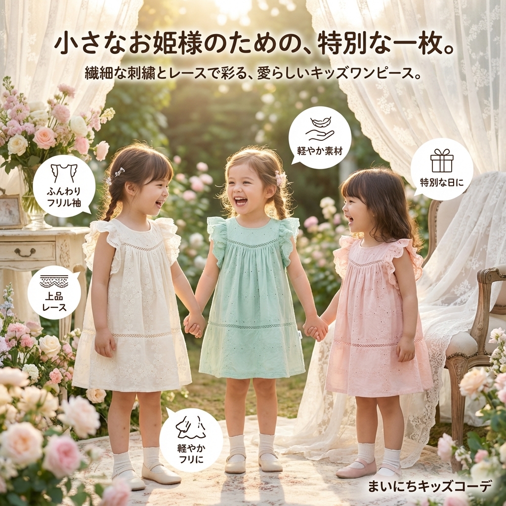 キッズファッション ふんわり袖刺繍レース姫様ワンピース - 商品イメージ