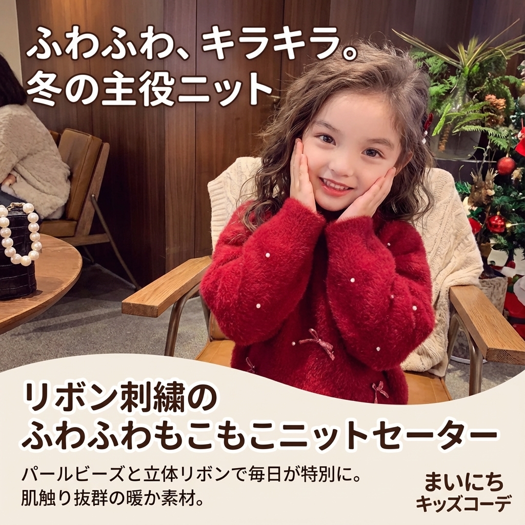 キッズファッション リボン刺繍のふわふわもこもこニットセーター - 商品イメージ