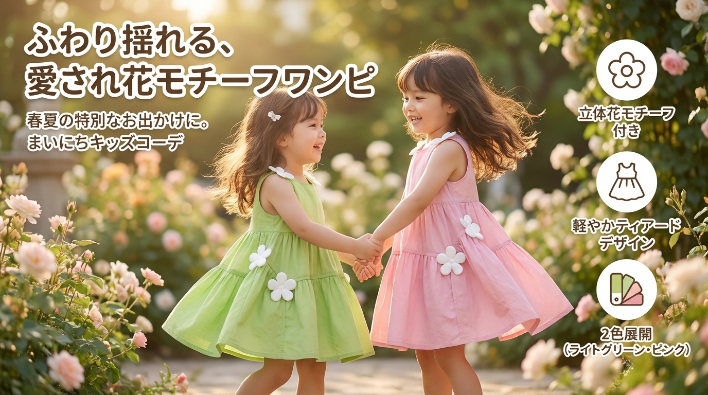 キッズファッション 花モチーフ付きティアードワンピース - 商品イメージ