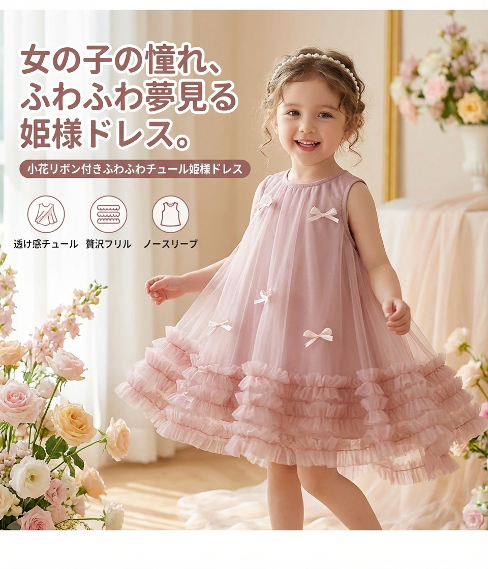 キッズファッション 小花リボン付きふわふわチュール姫様ドレス - 商品イメージ