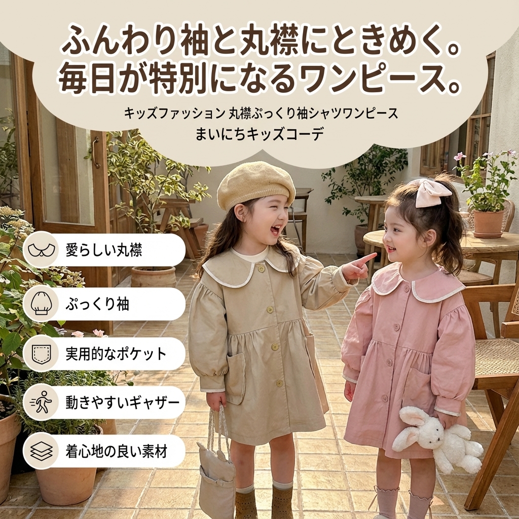 キッズファッション 丸襟ぷっくり袖シャツワンピース - 商品イメージ
