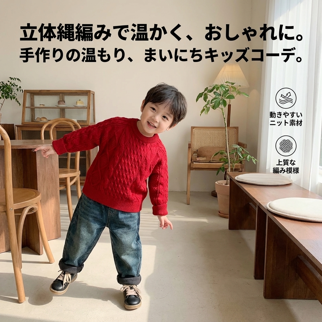 キッズファッション 立体縄編み模様の丸首長袖セーター - デザインのポイント