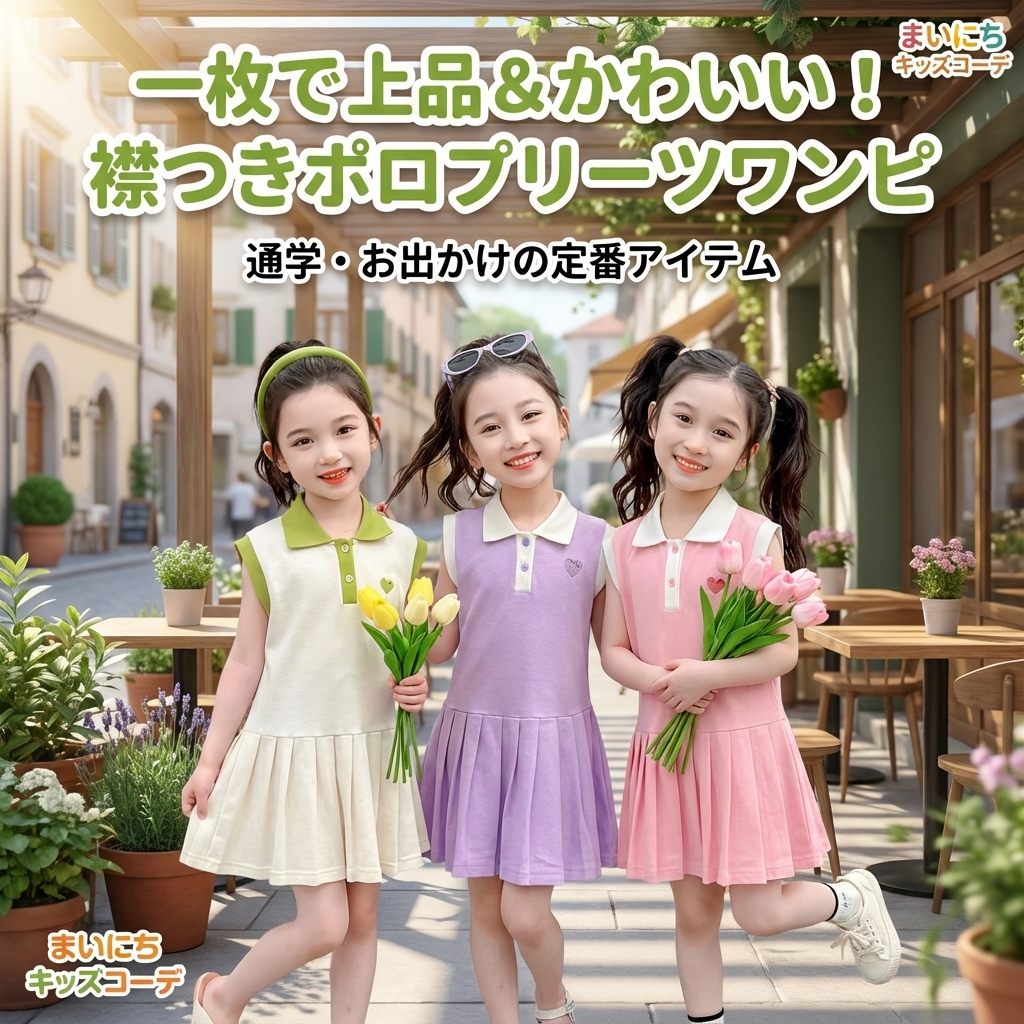 キッズファッション 襟つき半袖プリーツスカート付きポロシャツワンピース - 商品イメージ