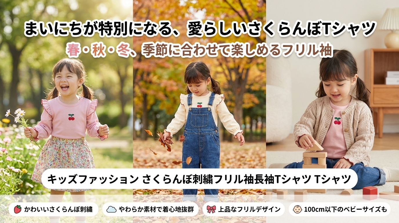 キッズファッション さくらんぼ刺繍フリル袖長袖Tシャツ - 季節ごとの着回しアイデア