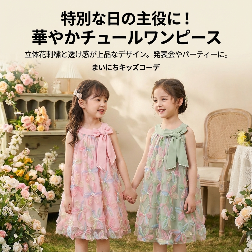 キッズファッション 花柄刺繍チュール袖なし透け感ワンピース - 商品イメージ