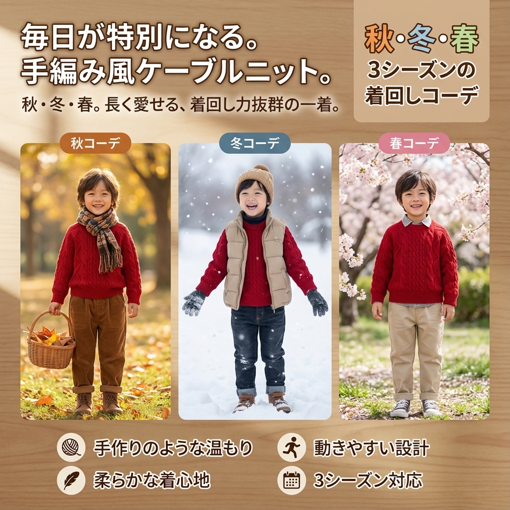 キッズファッション 立体縄編み模様の丸首長袖セーター - 季節ごとの着こなしアイデア