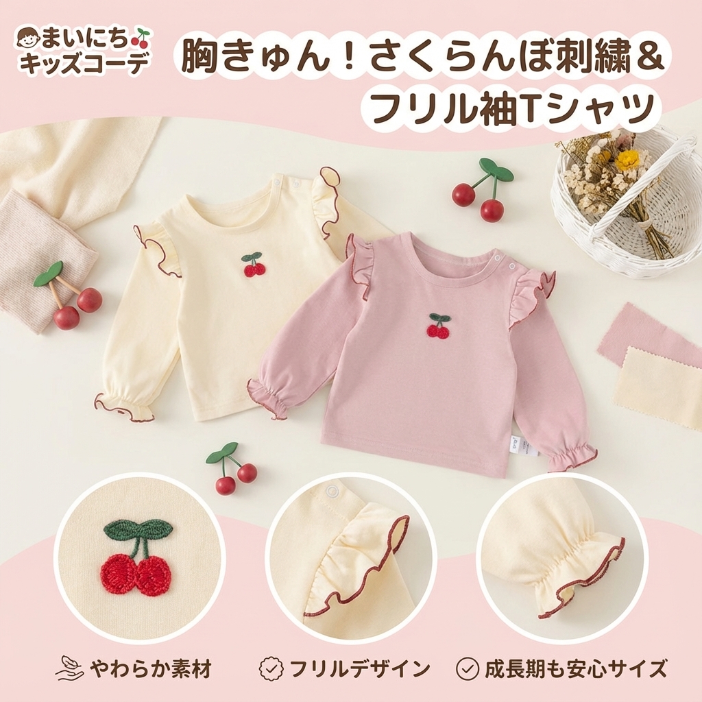 キッズファッション さくらんぼ刺繍フリル袖長袖Tシャツ - デザインのポイント