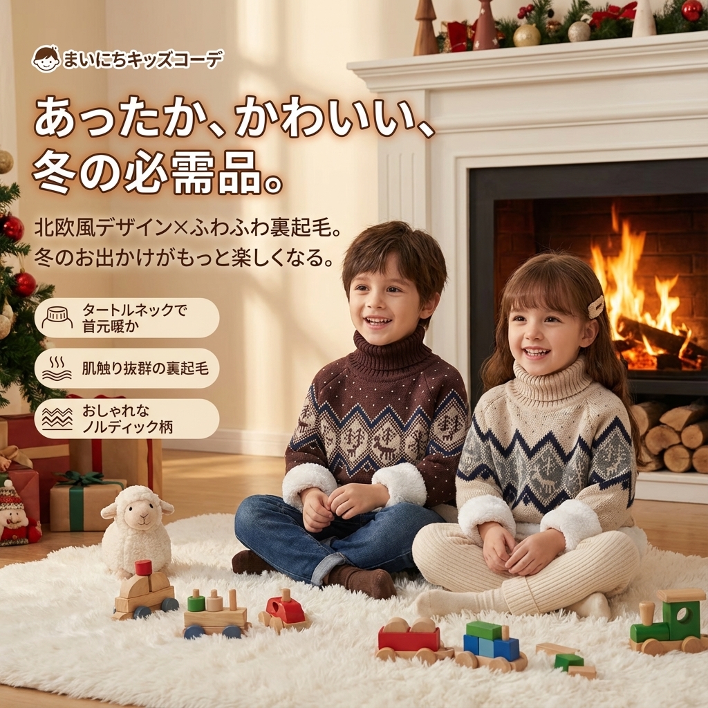 キッズファッション 北欧風幾何学模様裏起毛タートルネックセーター - 商品イメージ