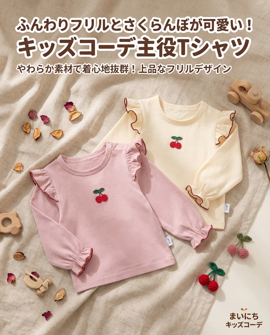 キッズファッション さくらんぼ刺繍フリル袖長袖Tシャツ - キッズファッション さくらんぼ刺繍フリル袖長袖Tシャツ について
