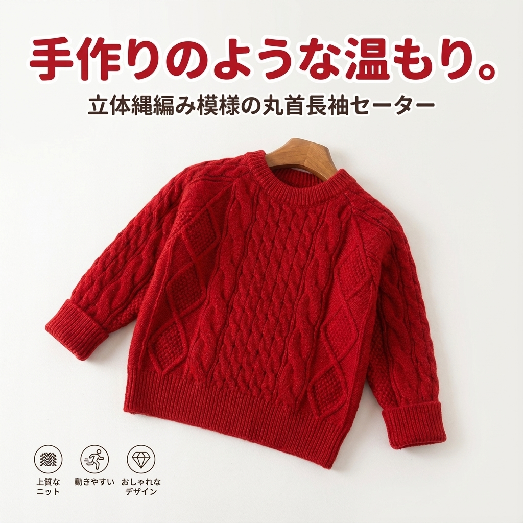 キッズファッション 立体縄編み模様の丸首長袖セーター - 商品概要