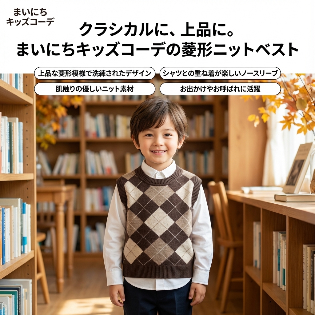 キッズファッション 菱形模様のクラシカルニットベスト - 商品イメージ