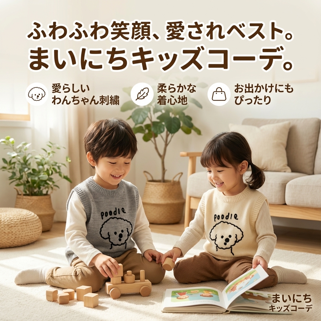 キッズファッション 愛らしいわんちゃん刺繍ベスト - 商品イメージ