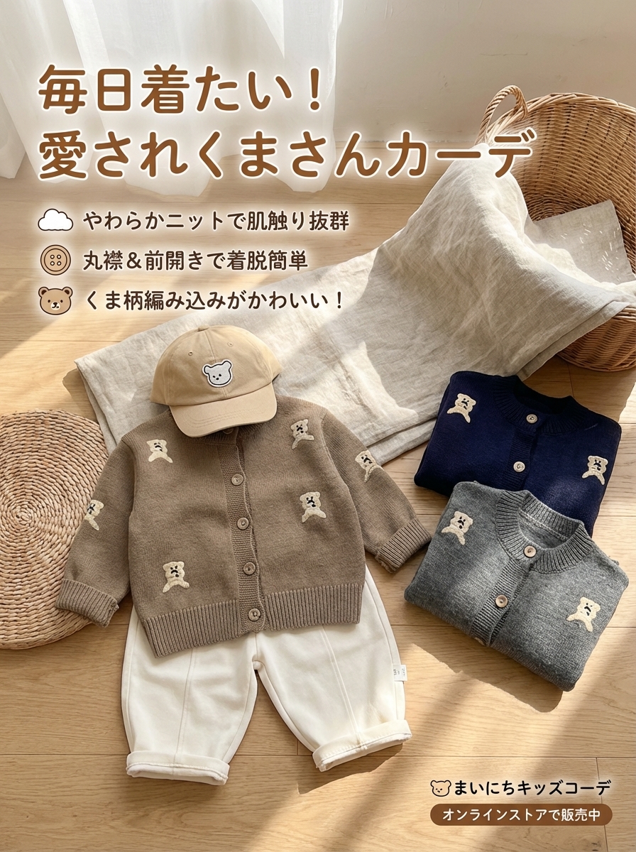 キッズファッション 可愛いくま柄編み込みカーディガン - 商品イメージ